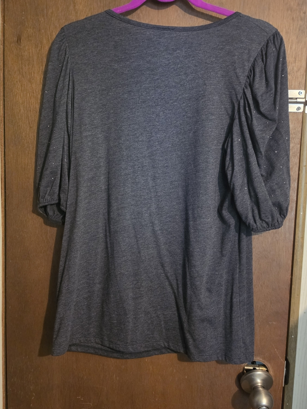 Stretch Knit Puff Glitter Sleeve Top - Dark Gray - Picture 5 of 5
